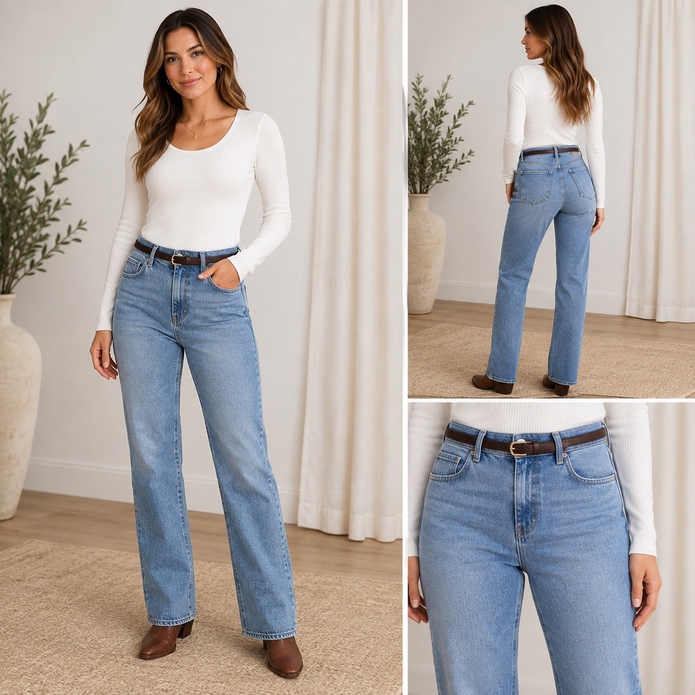 ZARA 90's Straight High Rise Jeans Light Wash Blue Women's Size 12 / EUR 44 NWT